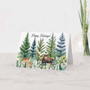 Watercolor Deer Moose Forest Scene Business Logo Holiday Card