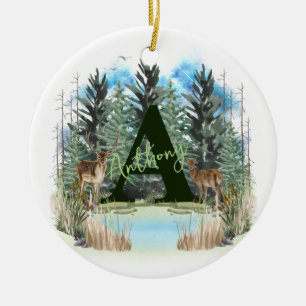 Watercolor Deer Personalised Monogram Letter A Ceramic Ornament