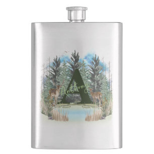 Watercolor Deer Personalised Monogram Letter A Hip Flask