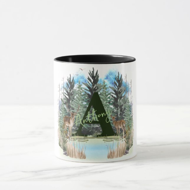 Watercolor Deer Personalised Monogram Letter A Mug (Center)