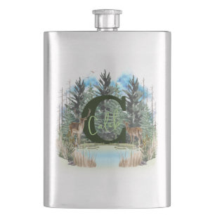 Watercolor Deer Personalised Monogram Letter C Hip Flask