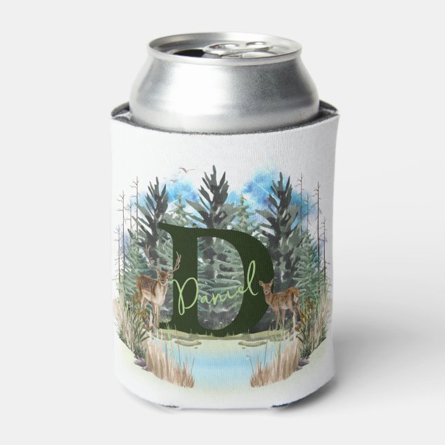 Watercolor Deer Personalised Monogram Letter D Can Cooler (Can Front)