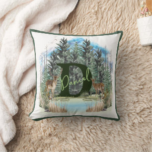 Watercolor Deer Personalised Monogram Letter D Cushion