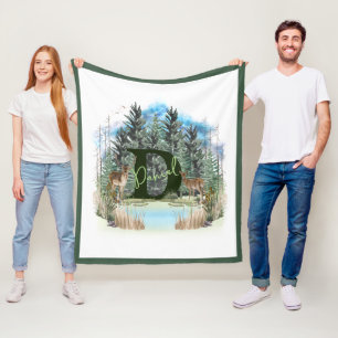 Watercolor Deer Personalised Monogram Letter D Fleece Blanket