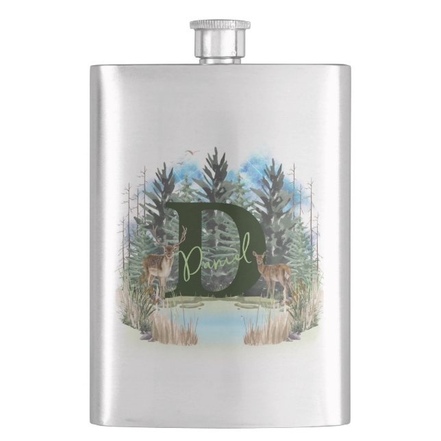 Watercolor Deer Personalised Monogram Letter D Hip Flask (Front)