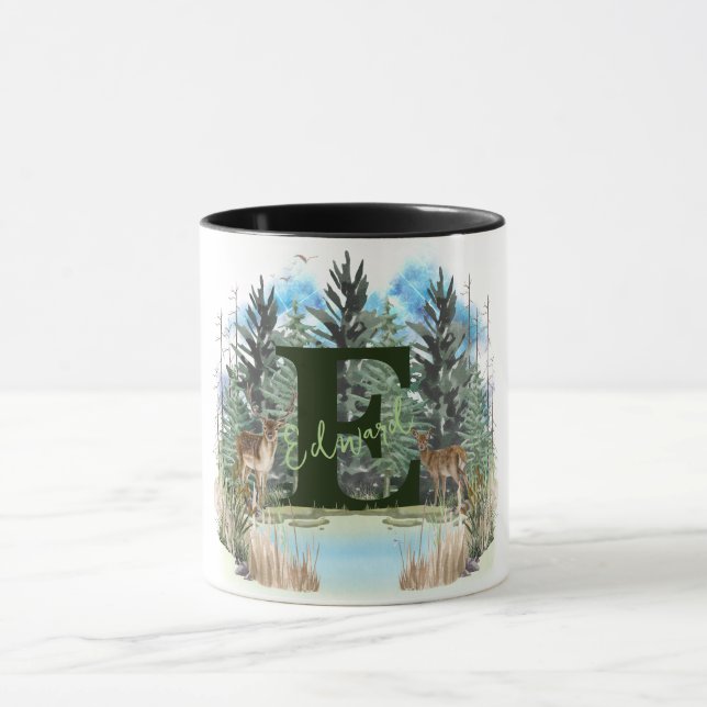 Watercolor Deer Personalised Monogram Letter E Mug (Center)