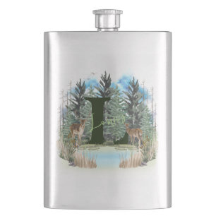Watercolor Deer Personalised Monogram Letter L Hip Flask