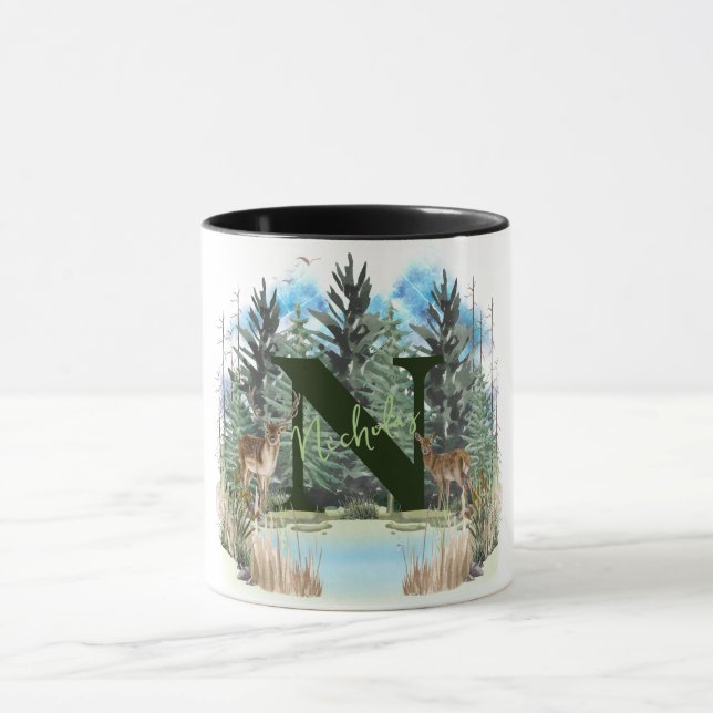 Watercolor Deer Personalised Monogram Letter N Mug (Center)