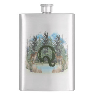 Watercolor Deer Personalised Monogram Letter Q Hip Flask