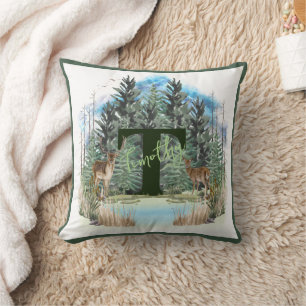 Watercolor Deer Personalised Monogram Letter T Cushion