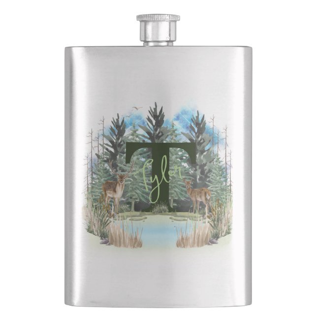 Watercolor Deer Personalised Monogram Letter T Hip Flask (Front)