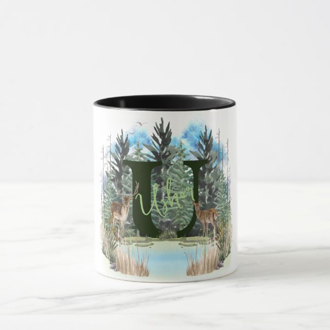 Watercolor Deer Personalised Monogram Letter U Mug (Center)
