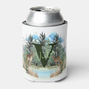 Watercolor Deer Personalised Monogram Letter V Can Cooler