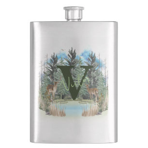 Watercolor Deer Personalised Monogram Letter V Hip Flask