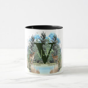 Watercolor Deer Personalised Monogram Letter V Mug