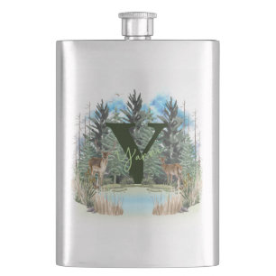 Watercolor Deer Personalised Monogram Letter Y Hip Flask