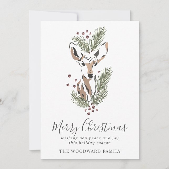 Watercolor Deer Pine Boughs Holiday Card (Front)