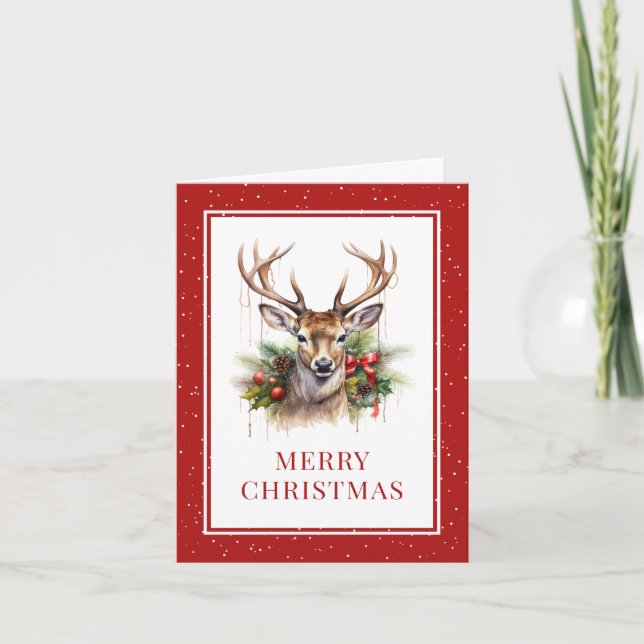 Watercolor Deer Pine Holly Red Merry Christmas Holiday Card (Front)