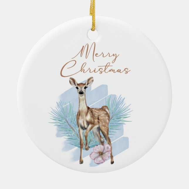 Watercolor Deer Pine Leaves Ceramic Ornament (Back)