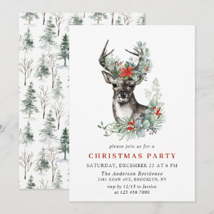 Watercolor Deer Poinsettia Wreath Christmas Party Invitation