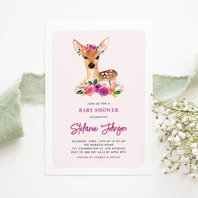 Watercolor Deer Purple Flowers Baby Shower Invitation (Creator Uploaded)