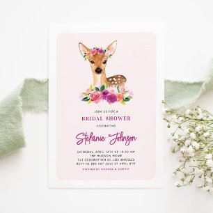 Watercolor Deer Purple Flowers Bridal Shower Invitation