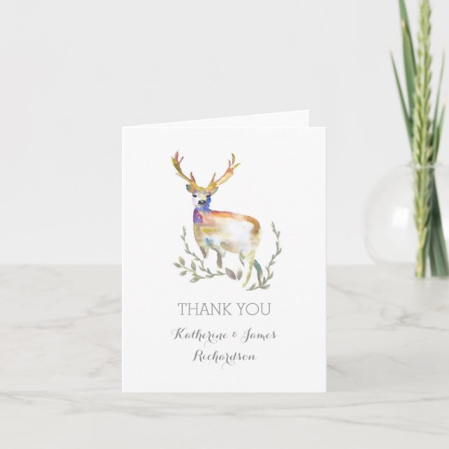 watercolor deer rustic woodland wedding thank you (Front)