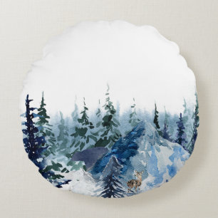 Watercolor deer wild Xmas Pine tree Holiday part Round Cushion