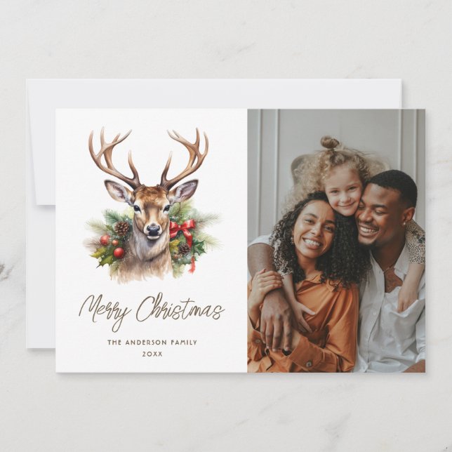 Watercolor Deer Winter Botanicals Photo Christmas Holiday Card (Front)