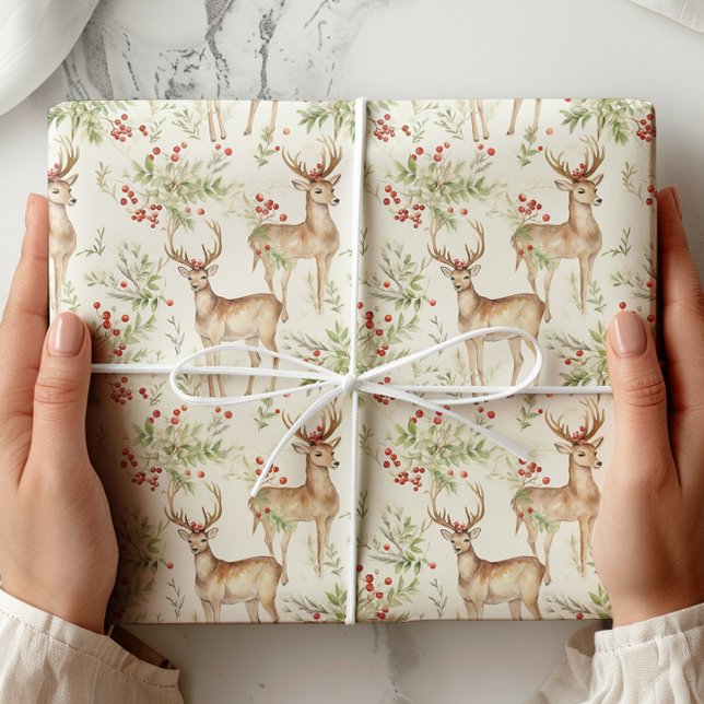 Watercolor Deer Winter Greenery Wrapping Paper (Creator Uploaded)