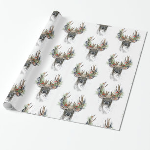Watercolor Deer with Christmas Antlers Wrapping Paper