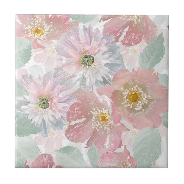 Watercolor delicate flowers.  ceramic tile (Front)
