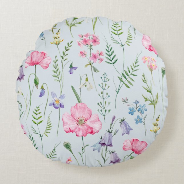 Watercolor Delicate Flowers Foliage Pattern Blue Round Cushion (Front)