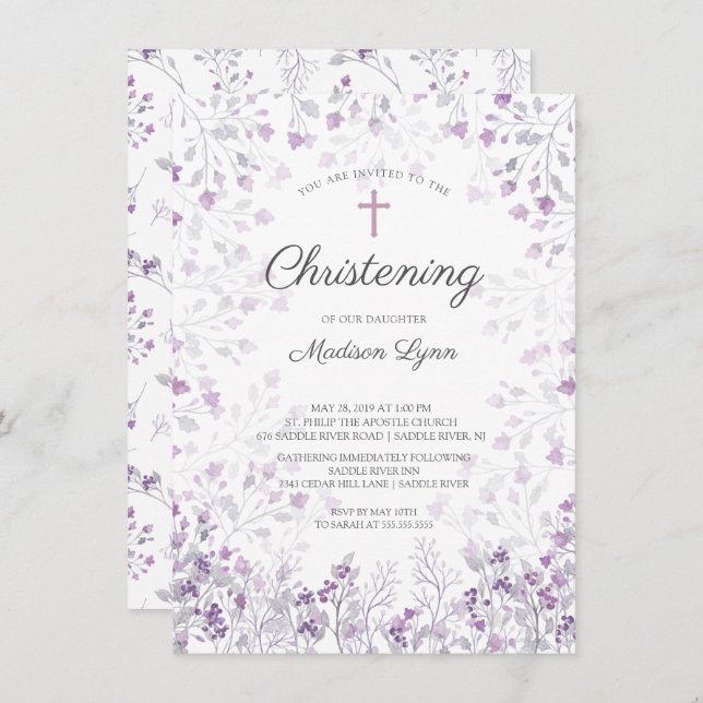 Watercolor Delicate Purple Flowers Christening Invitation (Front/Back)
