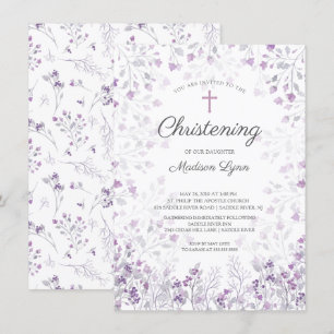 Watercolor Delicate Purple Flowers Christening Invitation