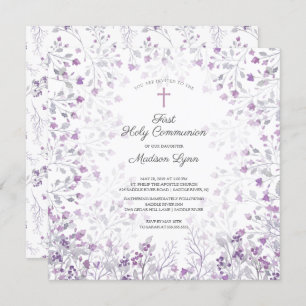 Watercolor Delicate Purple Flowers First Communion Invitation