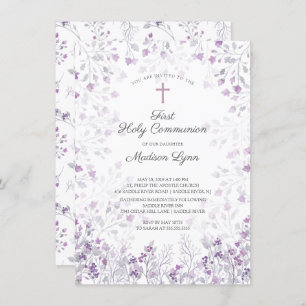 Watercolor Delicate Purple Flowers First Communion Invitation