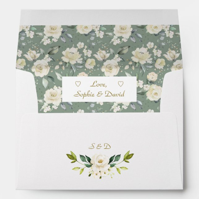 Watercolor Delicate White Floral Monogram Wedding Envelope (Back (Bottom))