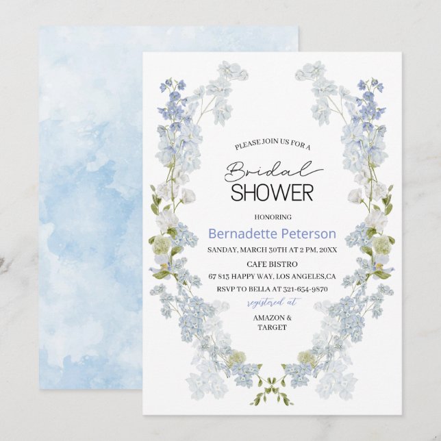 Watercolor Delphinium blue flowers  Bridal Shower Invitation (Front/Back)