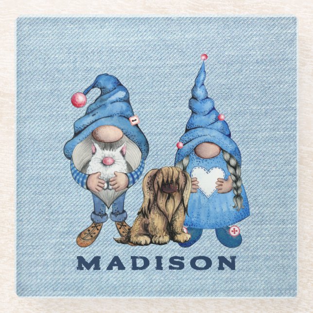 Watercolor Denim Gnomes and Dog Glass Coaster (Front)