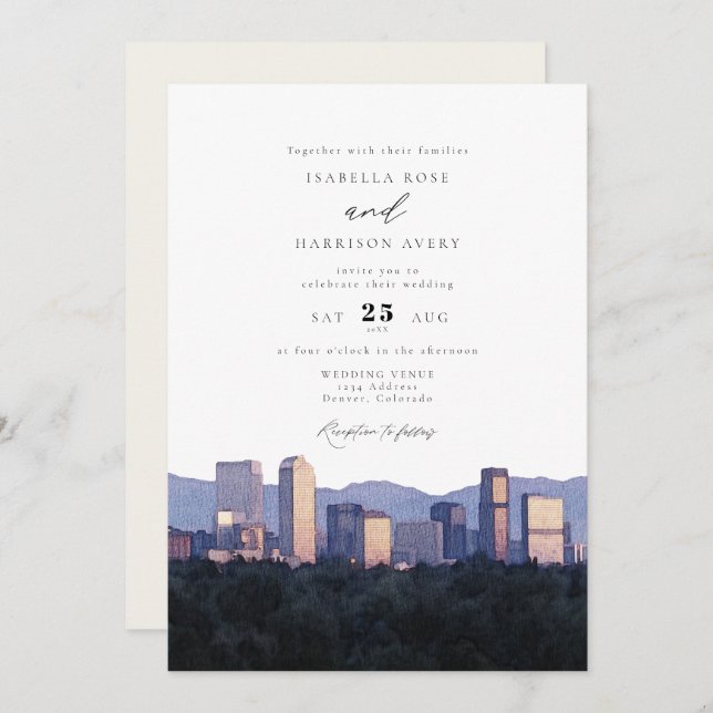 Watercolor Denver Colorado City Skyline Wedding Invitation (Front/Back)