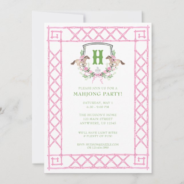 Watercolor Derby Day Mahjong Monogram Crest Party Invitation (Front)