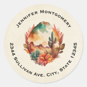 Watercolor Desert Cactus and Mountains Address Classic Round Sticker