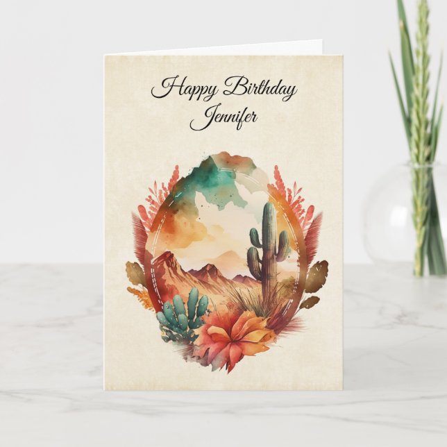 Watercolor Desert Cactus and Mountains Birthday Card (Front)