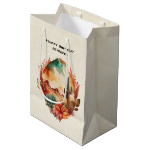 Watercolor Desert Cactus and Mountains Birthday Medium Gift Bag