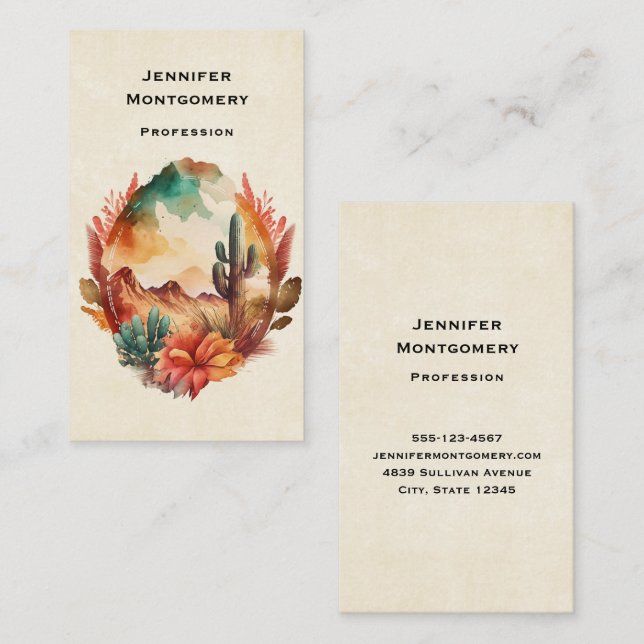 Watercolor Desert Cactus and Mountains Business Card (Front/Back)