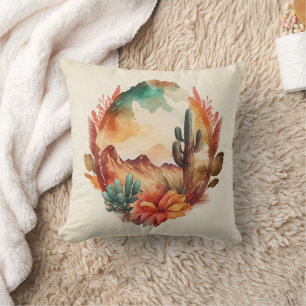 Watercolor Desert Cactus and Mountains Cushion