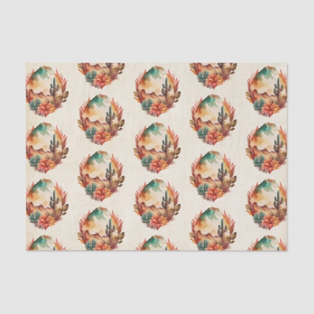 Watercolor Desert Cactus and Mountains Pattern Tissue Paper (Front)