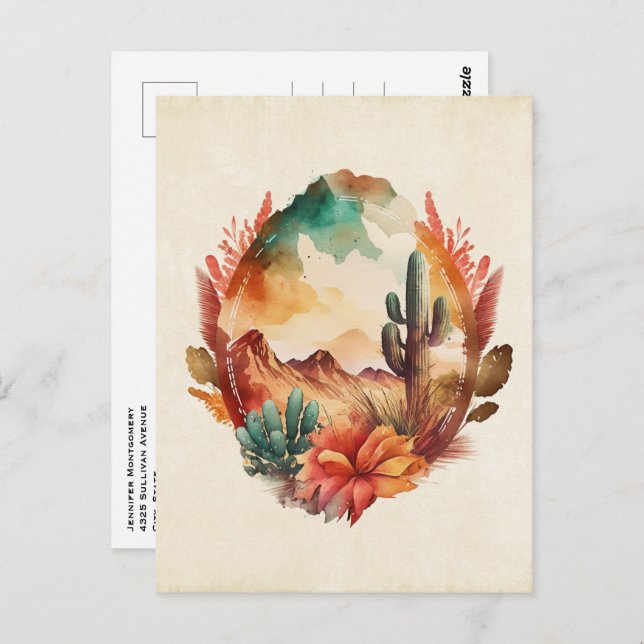 Watercolor Desert Cactus and Mountains Postcard (Front/Back)