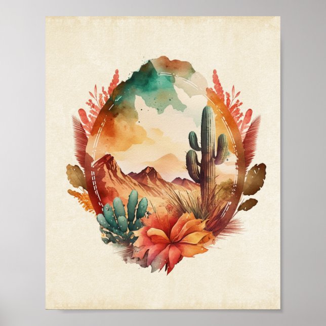 Watercolor Desert Cactus and Mountains Poster (Front)
